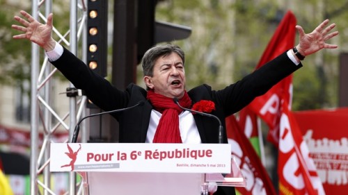 French far-left Parti de Gauche leader Melenchon delivers a speech during a demonstration in Paris